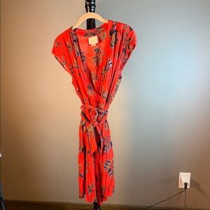 Maeve Coral Red Top with Navy Floral Print